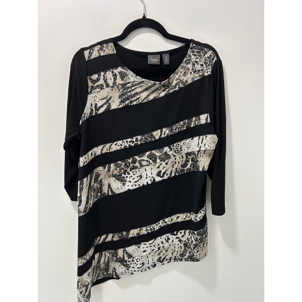Chicos Travelers Collection Top Black Animal Print Sequin Asymmetrical Size 2/L